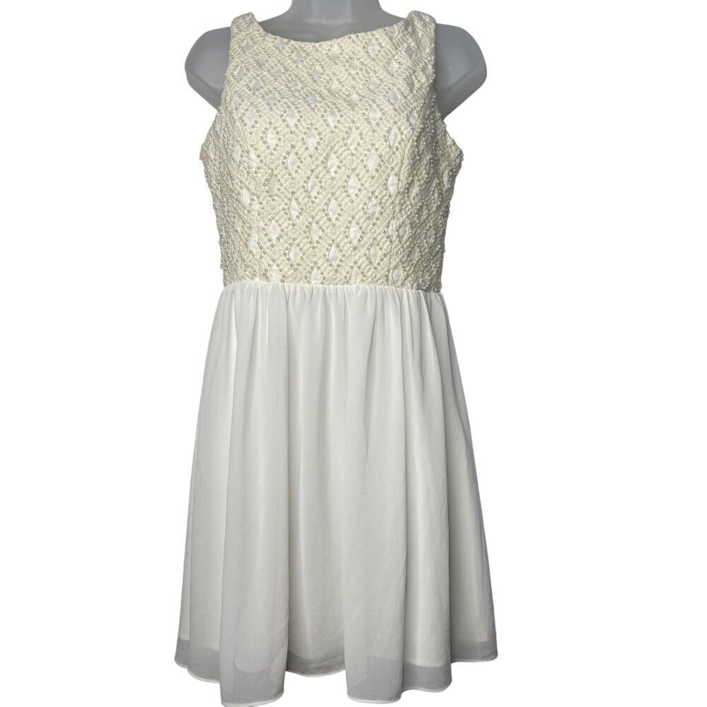 a.drea Sleeveless Ivory Beaded Fit & Flare Mini Dress Sheer Skirt Party Wedding